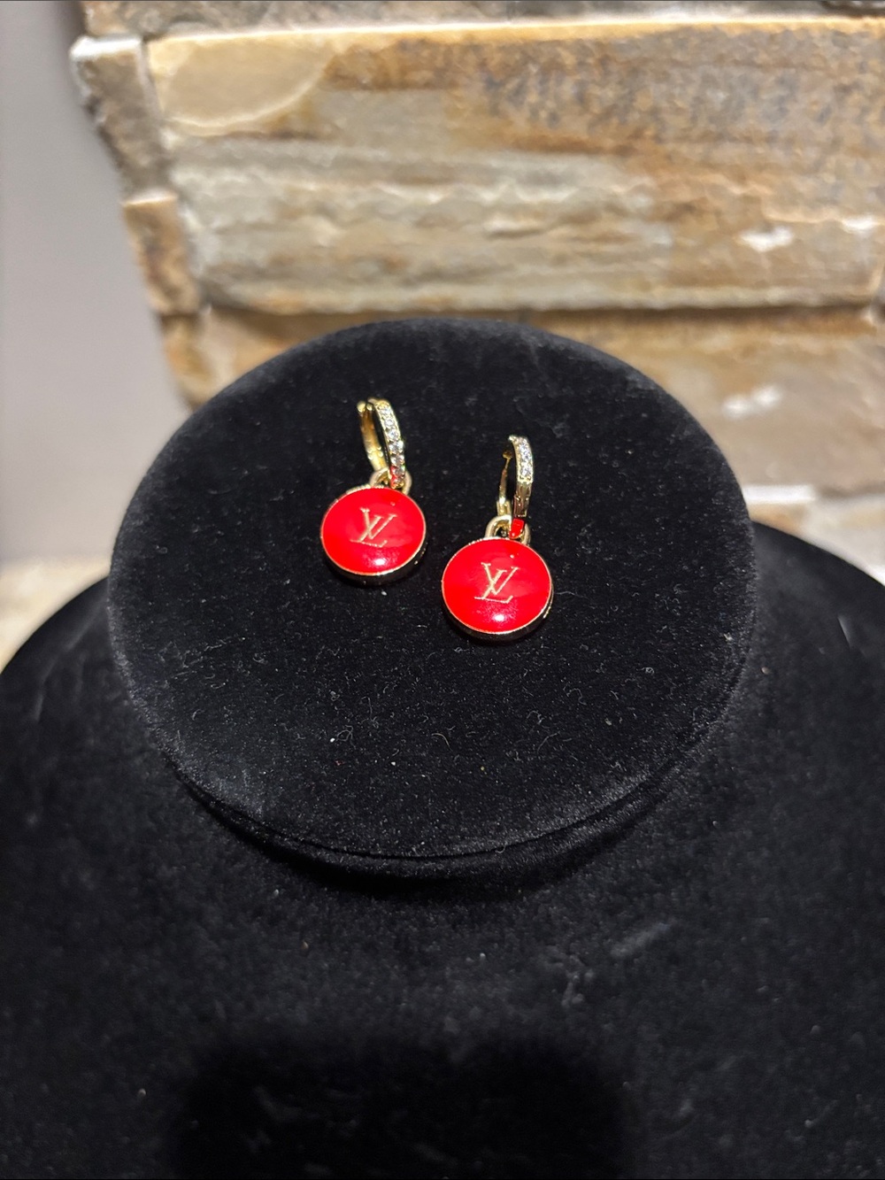 LV Gold & Red Enamel Disc Drop Earrings
